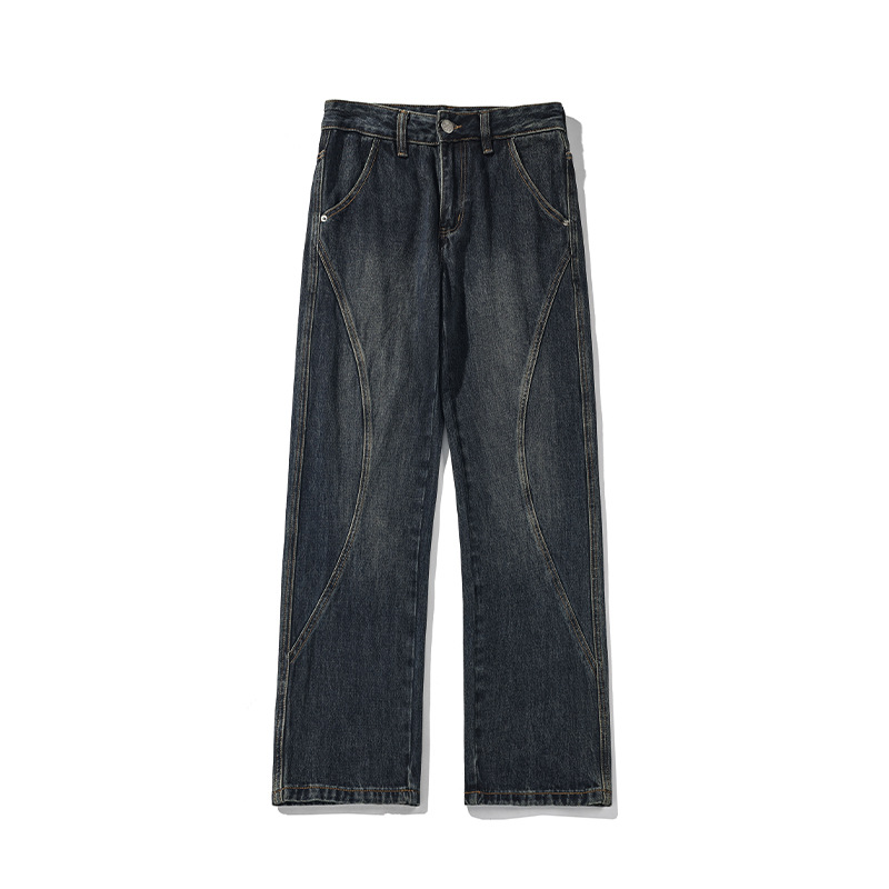 American Retro Patchwork Jeans For Men, Spring Trendy Vibe Loose Wide-leg Casual Pants, Stylish Straight-leg Trousers_voghion.com