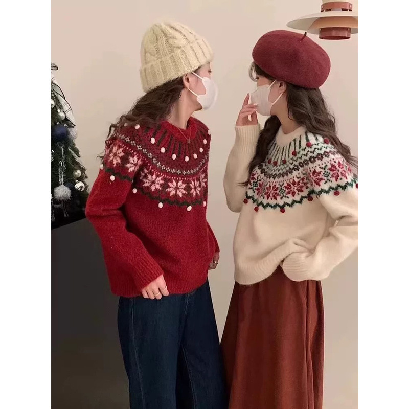 Christmas and New Year Red Sweater for Women 2026 Spring Thickened Round Neck Knit Inner Layer Fair Isle Retro Jacquard Top Christmas and New Year Red Sweater for Women 2026 Spring Thickened Round Neck Knit Inner Layer Fair Isle Retro Jacquard Top