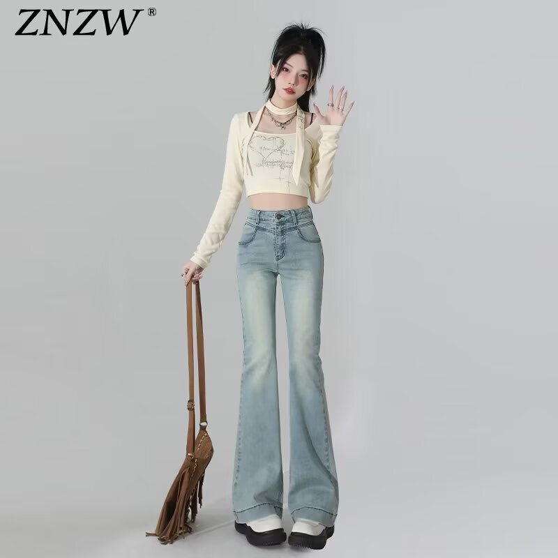 Light Blue Micro-Flared High-Waisted Jeans for Women, New Tall, Tight-Fitting, Elastic, Slimming Look, Floor-Length Horseshoe Pants