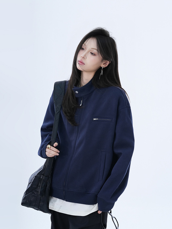 小众复古拉链开衫立领夹克女2025春秋新款设计感宽松情侣外套上衣|undefined