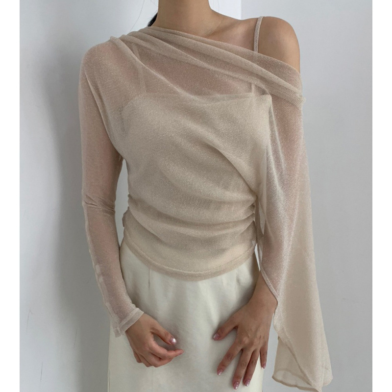 2026 Early Autumn New Gentle Style One-Shoulder Halter Neck Two-Piece Top for Women with Shimmering Fabric, Pleated Waist, and Shawl Blouse 2026 Early Autumn New Gentle Style One-Shoulder Halter Neck Two-Piece Top for Women with Shimmering Fabric, Pleated Waist, and Shawl Blouse