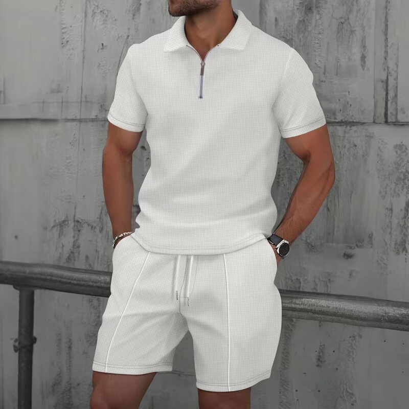 Summer Cross-Border Waffle Zipper Solid Color Lapel Short-Sleeved T-Shirt Shorts Casual Suit Polo Shirt Men's Suit Summer Cross-Border Waffle Zipper Solid Color Lapel Short-Sleeved T-Shirt Shorts Casual Suit Polo Shirt Men's Suit