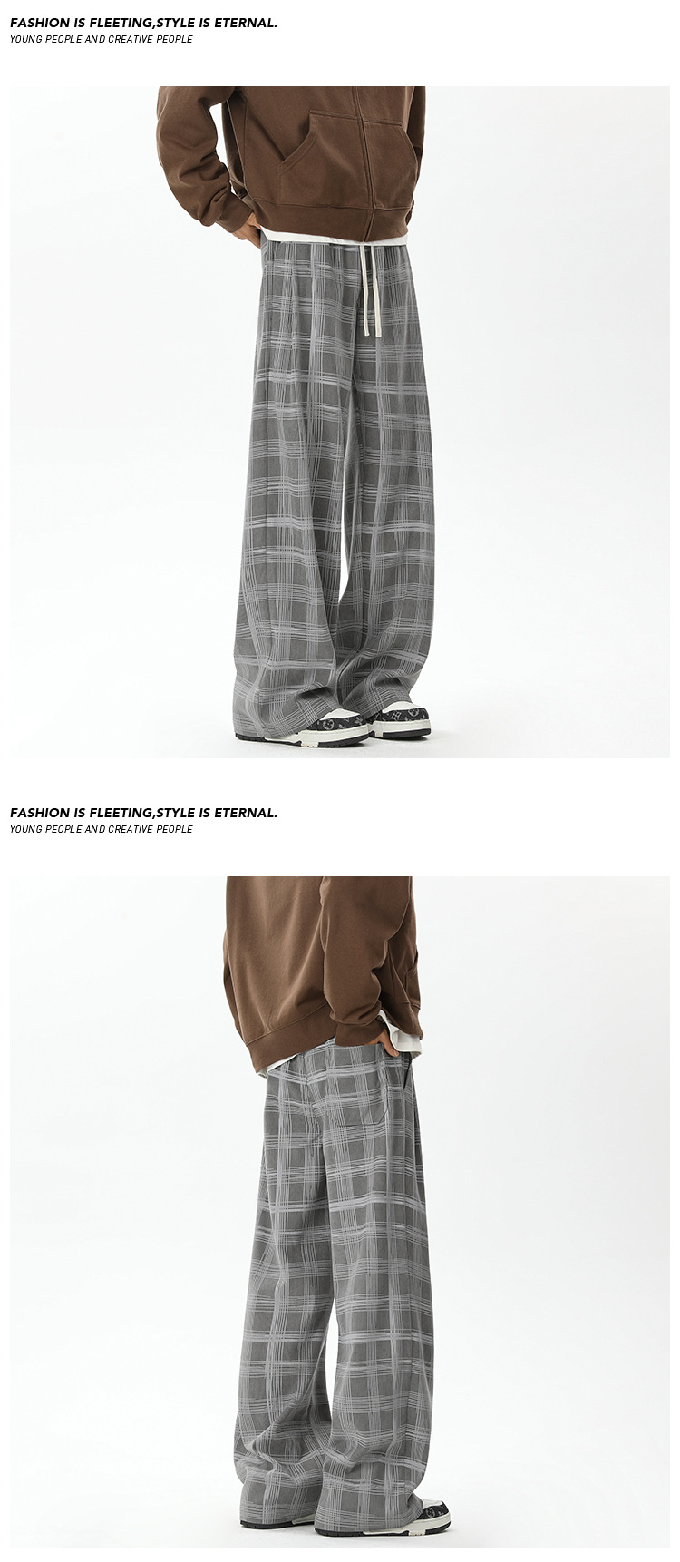 Men's Corduroy Plaid Casual Pants Loose-fit Straight Wide-leg_voghion.com