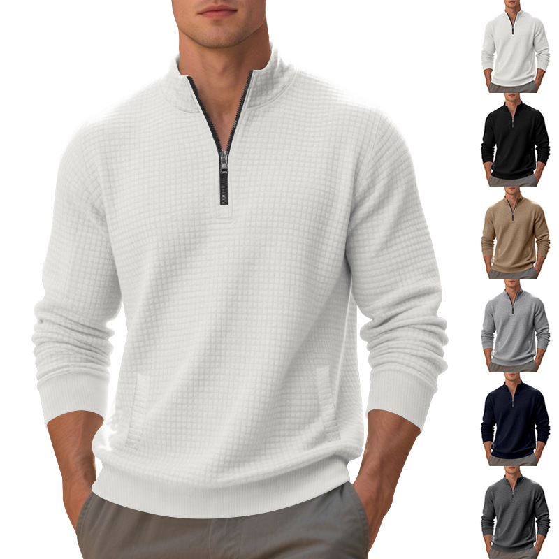 Cross-Border Men's Clothing Amazon Autumn Men's Jacquard Small Square Loose Half-Zip Henry Collar Long-Sleeved Sweatshirt for Men Cross-Border Men's Clothing Amazon Autumn Men's Jacquard Small Square Loose Half-Zip Henry Collar Long-Sleeved Sweatshirt for Men