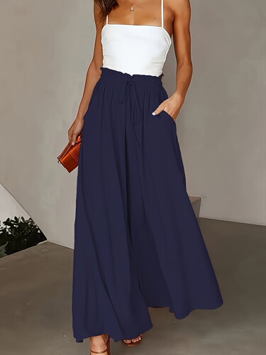 Chic High Waist Wide Leg Pants with Elastic Waistband Solid