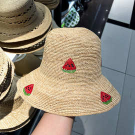 韩版西瓜刺绣拉菲草渔夫帽女夏季手工编织防晒太阳帽可折叠