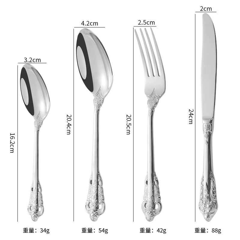 Cuchillo, tenedor y cuchara de corte transfronterizo Traje de vajilla occidental Cuchillo y tenedor de filete de acero inoxidable 304 Juego de 4 piezas de tenedor y cuchara de postre de restaurante occidental