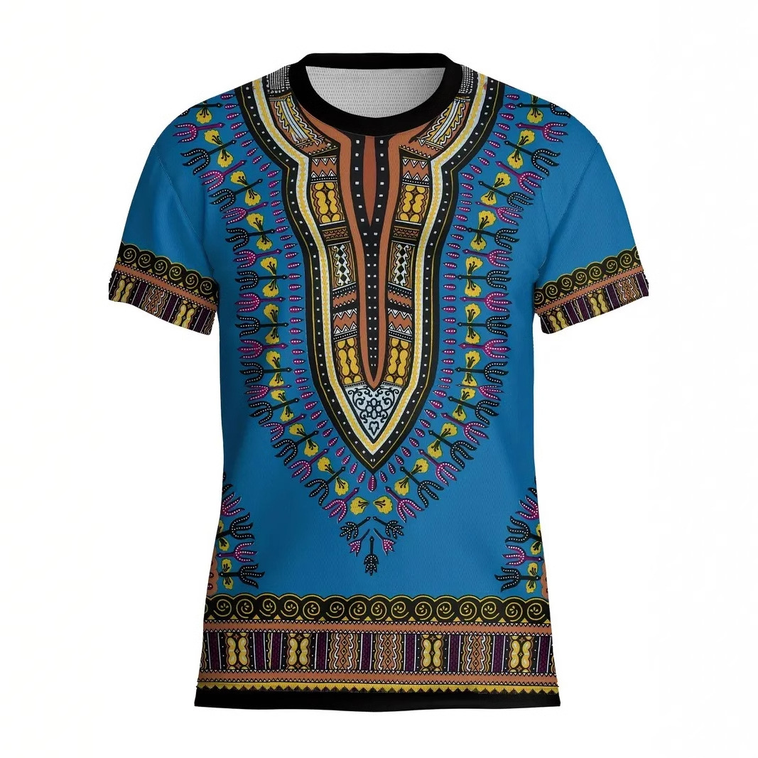 Camiseta de cuello redondo de manga corta de manga corta transpirable suelta casual de hombre con estampado tribal retro clásico con estampado 3D