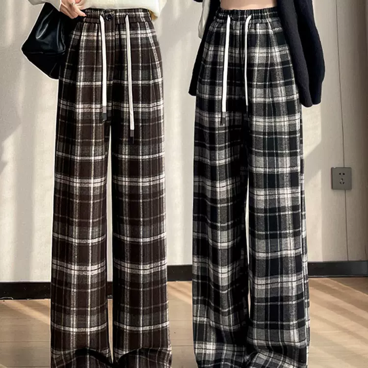 春秋款直筒拖地格子裤毛呢休闲女抽绳系带高腰显瘦阔腿裤宽松亏本