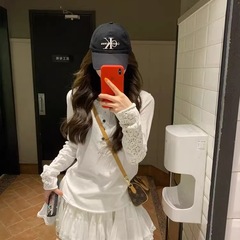 【テンセルリネン】韓国シック中空長袖ブラウスTシャツボトムスレディース新作ゆったりレーストップス