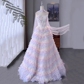 渐变彩虹千层蛋糕裙礼服 抹胸重工钉珠立体花宴会敬酒服工厂批发
