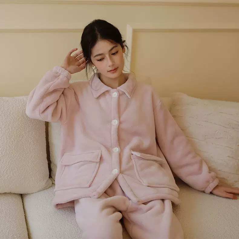 秋冬加绒加厚复合绒简约大气纯色衬衫领情侣款长袖家居服睡衣套装