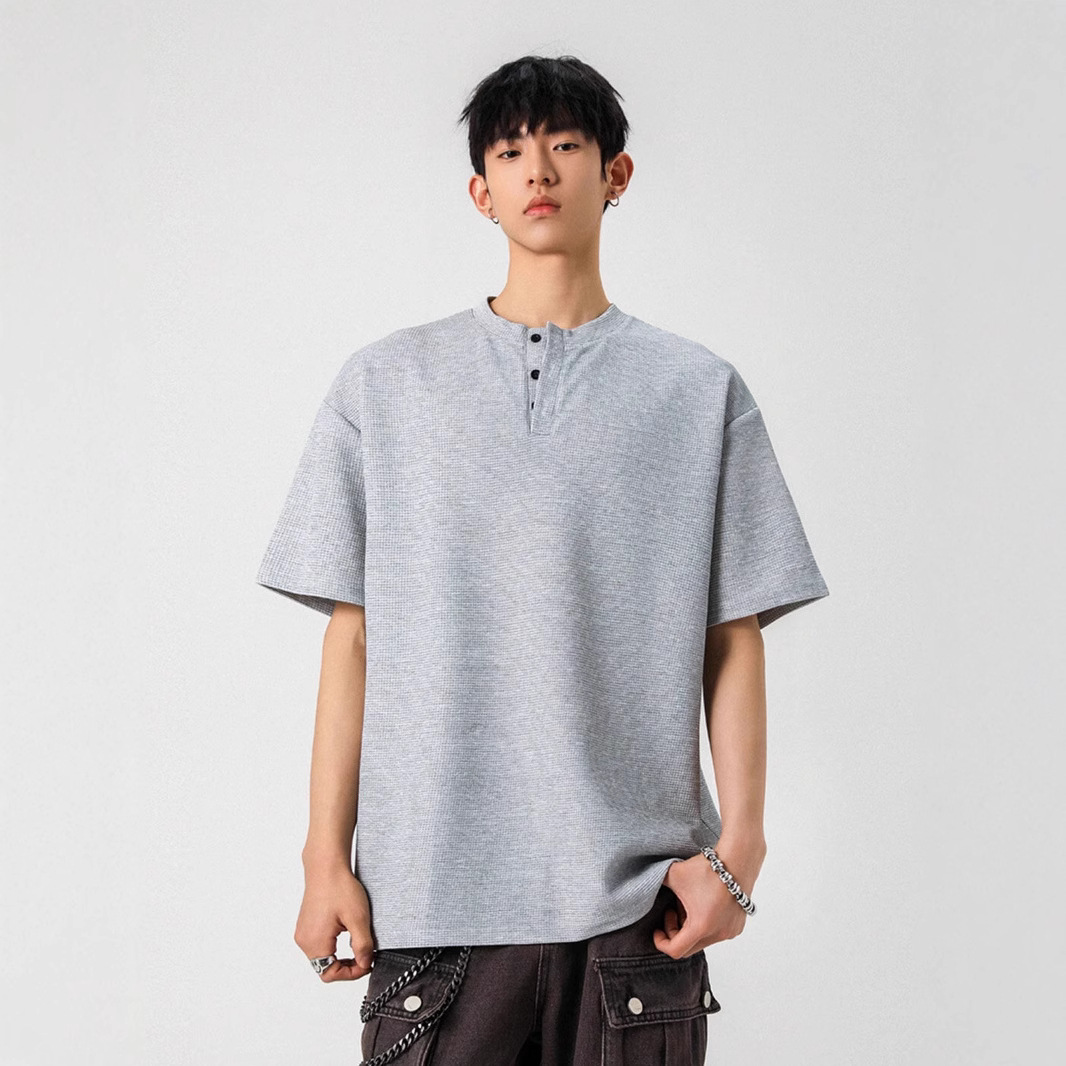 Japonés woffge Henry cuello manga corta hombres y mujeres verano nuevo estilo oversize suelta casual media manga Polo camiseta
