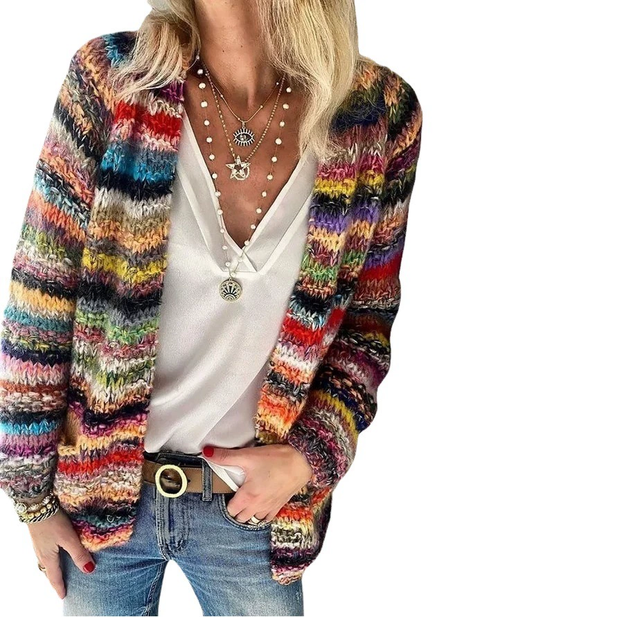 Осень-зима 2021, свободный женский вязаный кардиган с принтом Amazon, свободный солнечный игривый цвет