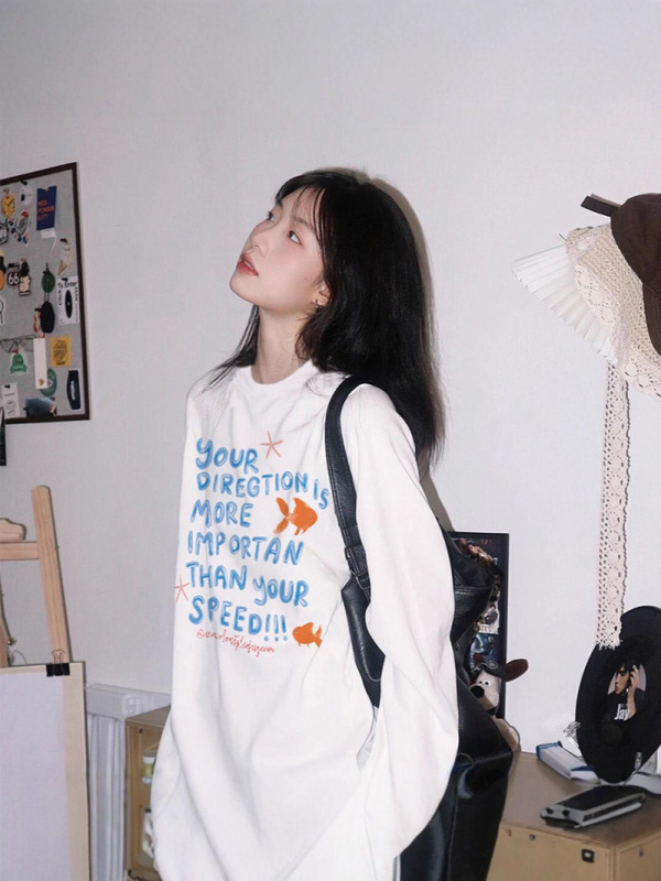 新款宽松大码白色纯棉长袖t恤女内搭打底衫设计感小众秋季上衣女|undefined