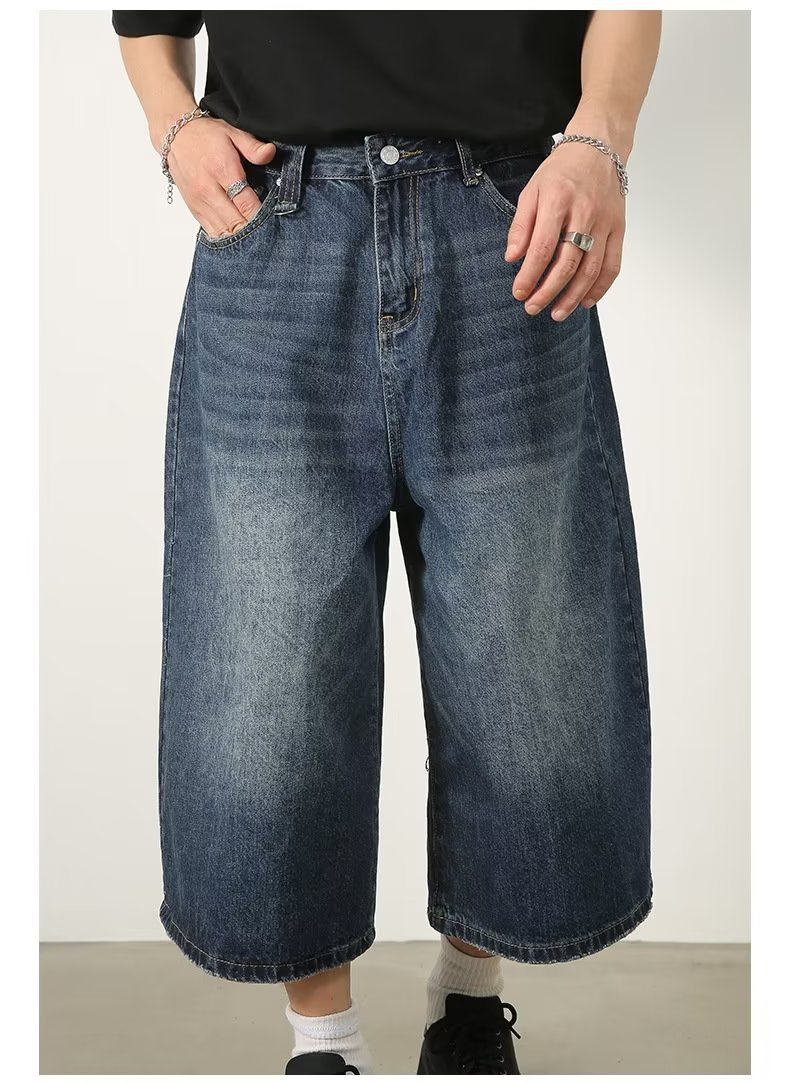 Short en jean court pour homme, coupe droite ample, bleu délavé, style rétro américain, idéal pour l'été._voghion.com