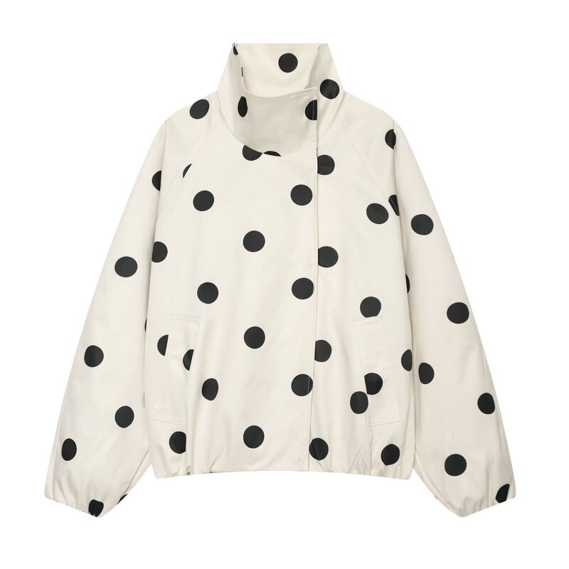 Cross-Border European and American Style Aliexpress Supply 2026 Autumn American-Style Long-Sleeve Stand-Collar Polka Dot Bomber Jacket for Women