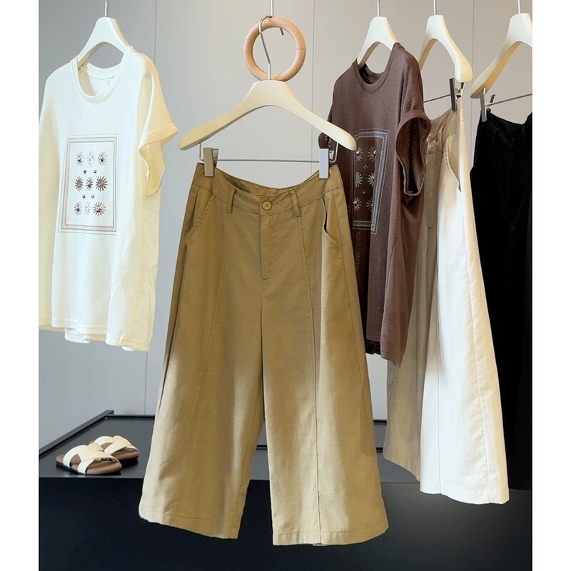 Khaki Cotton-Linen Cropped Casual Pants for Women, Summer 2026 New Style, High-Waisted, Slimming, Loose, Versatile, Thin Straight-Leg Pants