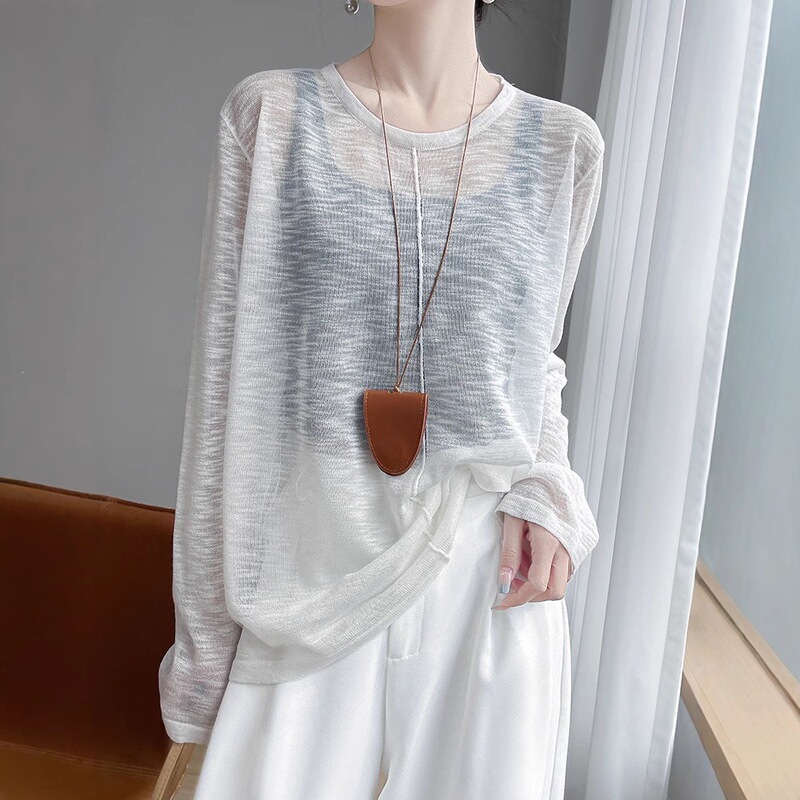 2025 Spring and Autumn New Lightweight Blouse, Comfortable and Breathable, Bamboo Linen Sun Protection, Classic Solid Color Knitted Long Sleeve Top 2025 Spring and Autumn New Lightweight Blouse, Comfortable and Breathable, Bamboo Linen Sun Protection, Classic Solid Color Knitted Long Sleeve Top
