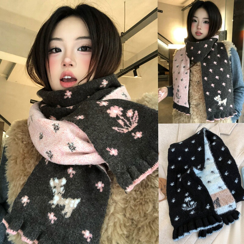 Double-Sided Knitted Scarf for Women, Winter High-End Korean Style Scarf, Versatile Thickened Scarf with a Stylish Vibe, Warm Neck Warmer for Students