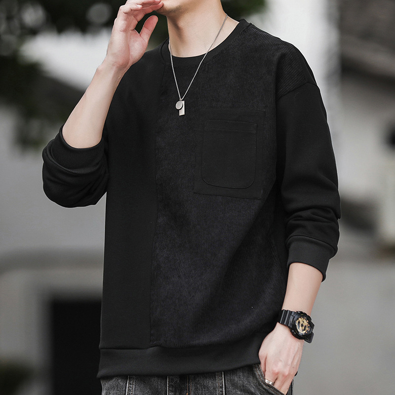 Primavera y otoño nueva camiseta de cuello redondo para hombres marca de moda suelta juvenil universal guapo sin sombrero camiseta de manga larga para hombres