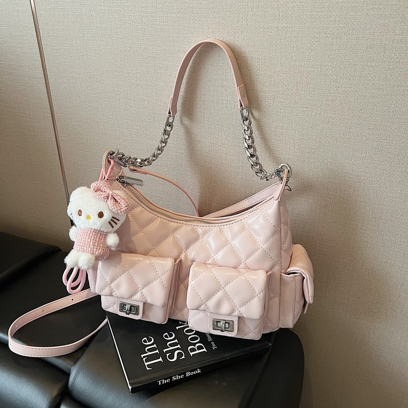 ファッション菱格チェーンシングル肩脇下バッグ女性韓系bagsダブルポケット潮軽豪華ロック|undefined