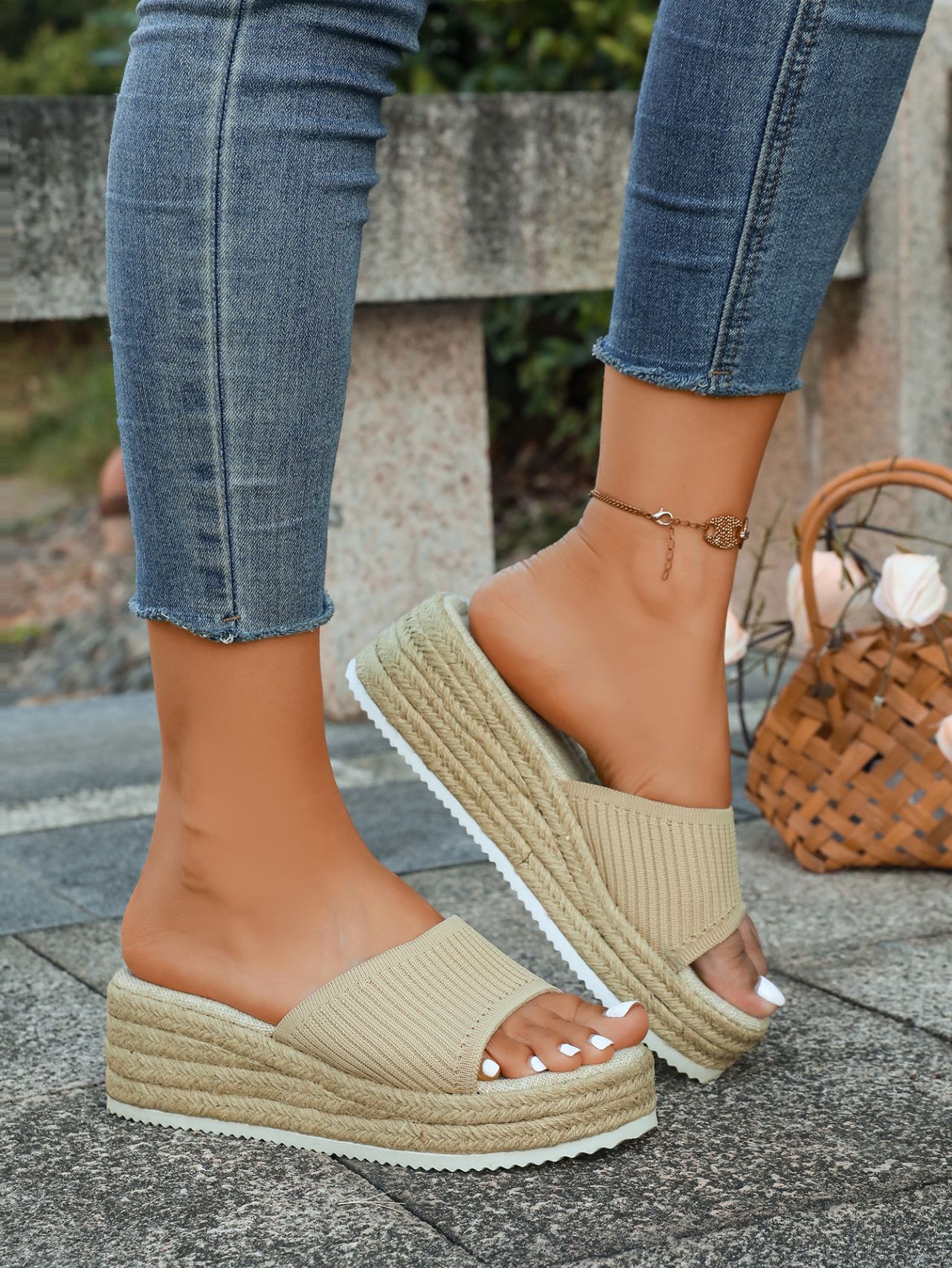 Women's Knitted Wedge Sandals Open Toe Breathable Slip-on Slippers_voghion.com