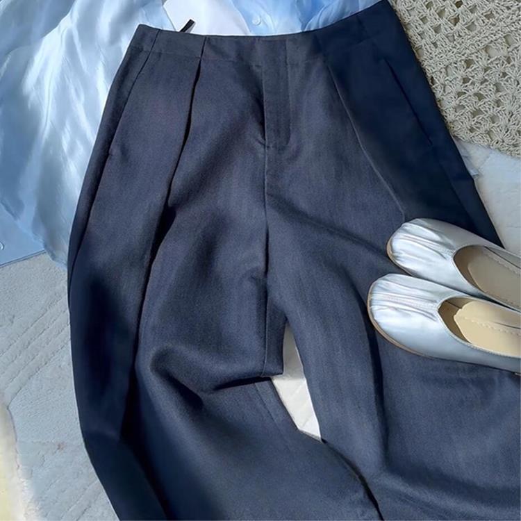 Highly Recommended! Old Money Style Navy Blue Casual Pants Summer High-Waisted Pleated Fashion Non-Stick Leg Linen Suit Pants Highly Recommended! Old Money Style Navy Blue Casual Pants Summer High-Waisted Pleated Fashion Non-Stick Leg Linen Suit Pants
