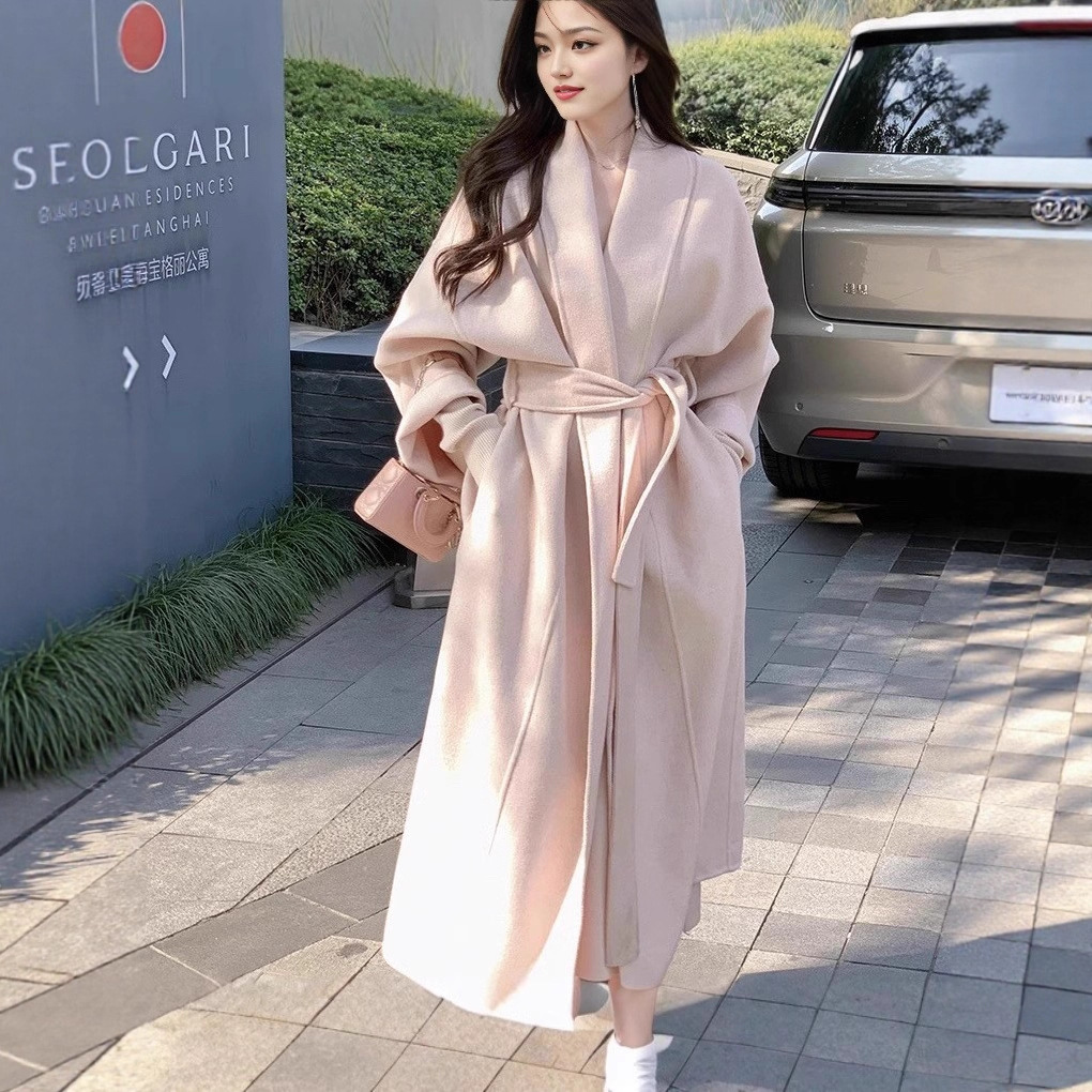 2025 Autumn/Winter New Arrival Bathrobe-Style Pink Double-Sided Coat for Women, Winter Handmade Mid-Length Tie-Up Elegant Woolen Coat