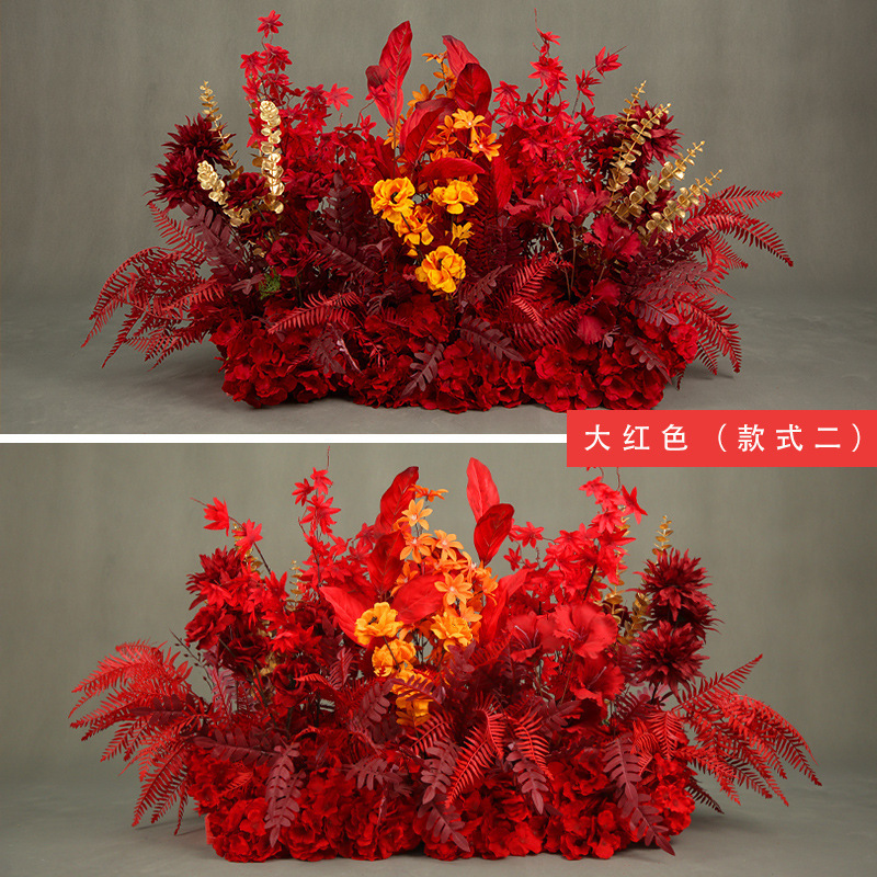 結婚式の道具の青い結婚式のシミュレーションの花の列の花の三角の花の列は造花の舞台の装飾の大きい赤色を配置します。|undefined