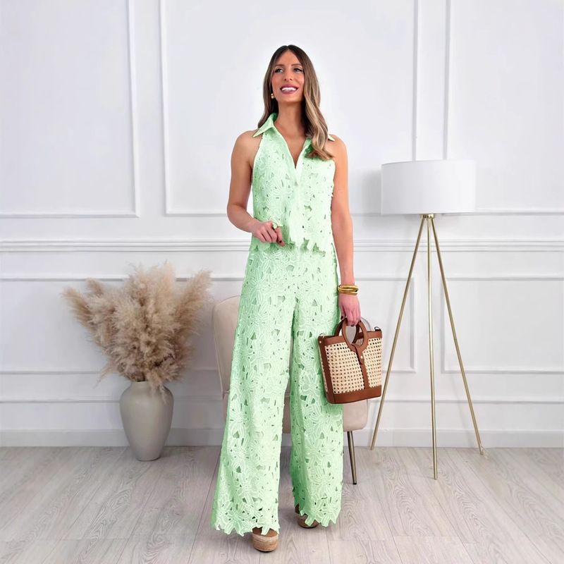 Amazon European and American Cross-Border Spring New Solid Color Hollow-Out V-Neck Vest Top + Wide-Leg Straight Pants Set for Women Amazon European and American Cross-Border Spring New Solid Color Hollow-Out V-Neck Vest Top + Wide-Leg Straight Pants Set for Women