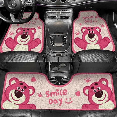 Cartoon-patterned, loop-pile car floor mats, customizable and universally sized, durable and non-slip, with a single piece for the front row and a connected piece for the rear row (Universal Foot Pad) - strawberry-bear-white-car-mat-5060cm-front-row-wire-loop