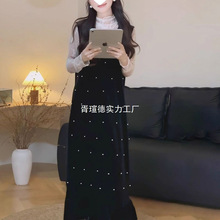 大方得体穿搭一整套女巨好看的秋装长裙两件套丝绒无袖连衣裙套装