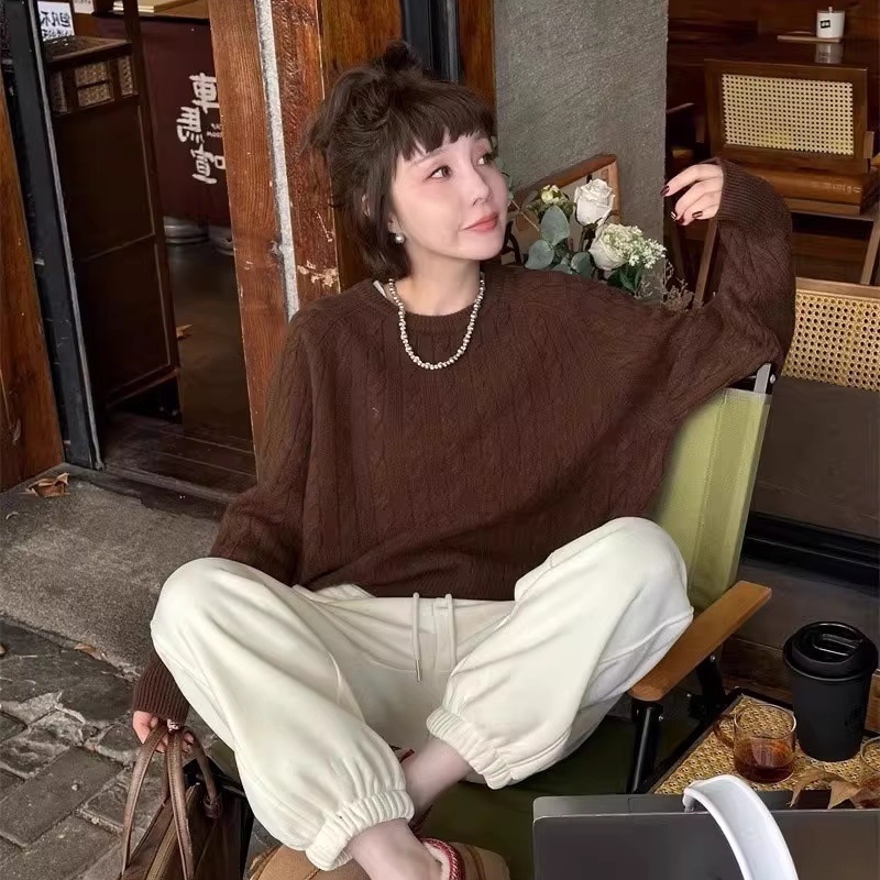 秋冬新款慵懒风保暖麻花毛衣女刺绣宽松百搭休闲圆领纯色针织衫|undefined