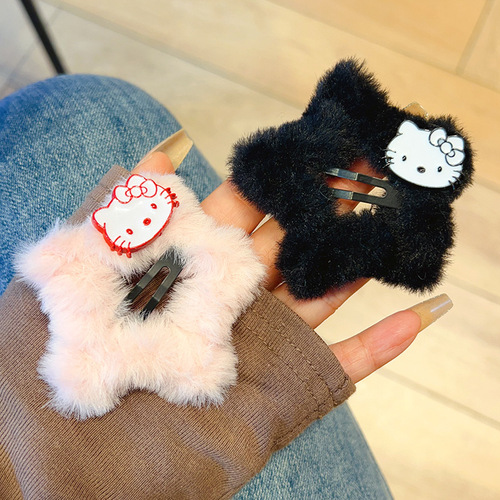 Japanese-style cute cat plush star hair clip, high-quality girl style side clip, bangs hair ornament new