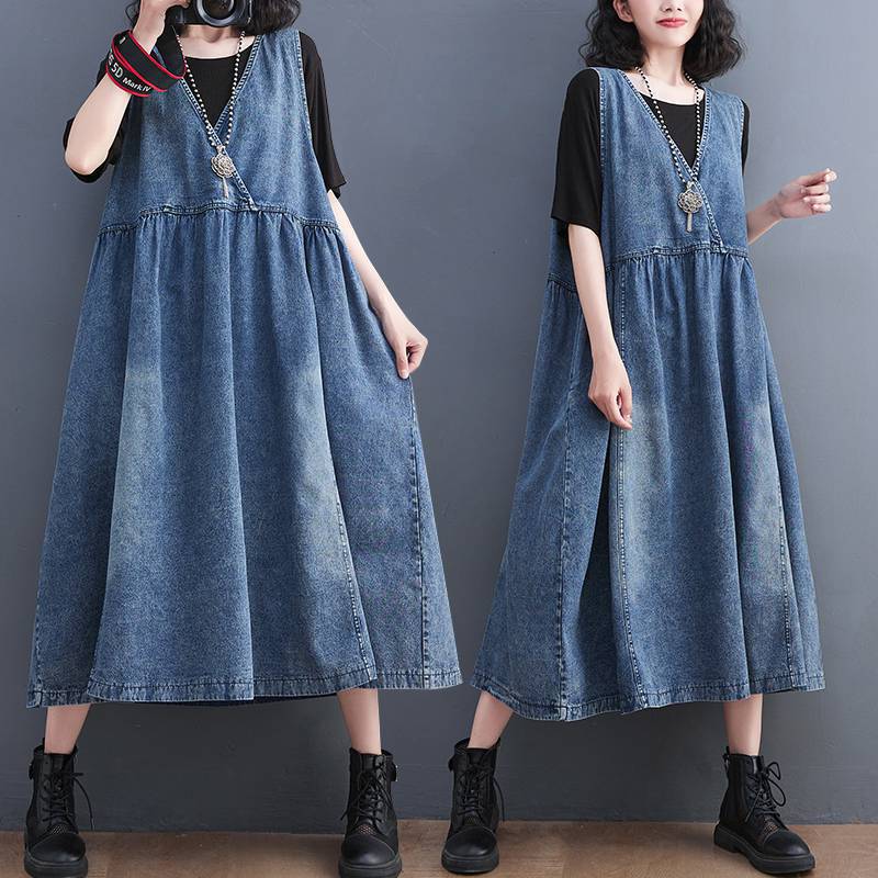 Lanwan Denim Sleeveless Vest Dress Women's Spring and Summer Loose Collar Washed White High Waist Mid-Length Skirt Lanwan Denim Sleeveless Vest Dress Women's Spring and Summer Loose Collar Washed White High Waist Mid-Length Skirt
