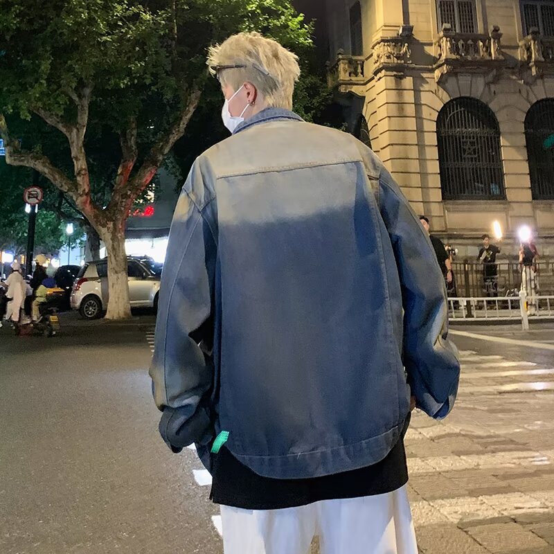 Wasteland Style Niche Design Retro Mixed Color Denim Jacket Men's Heavy Distressed Loose Straight Jeans Suit