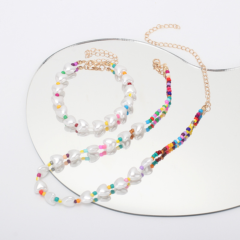 9g Weight Necklace Classification Wedding, Travel Occasion Lock Pattern Women'S Gender Ethnic Style Heart Pearl Necklace Bracelet Combination Set 2