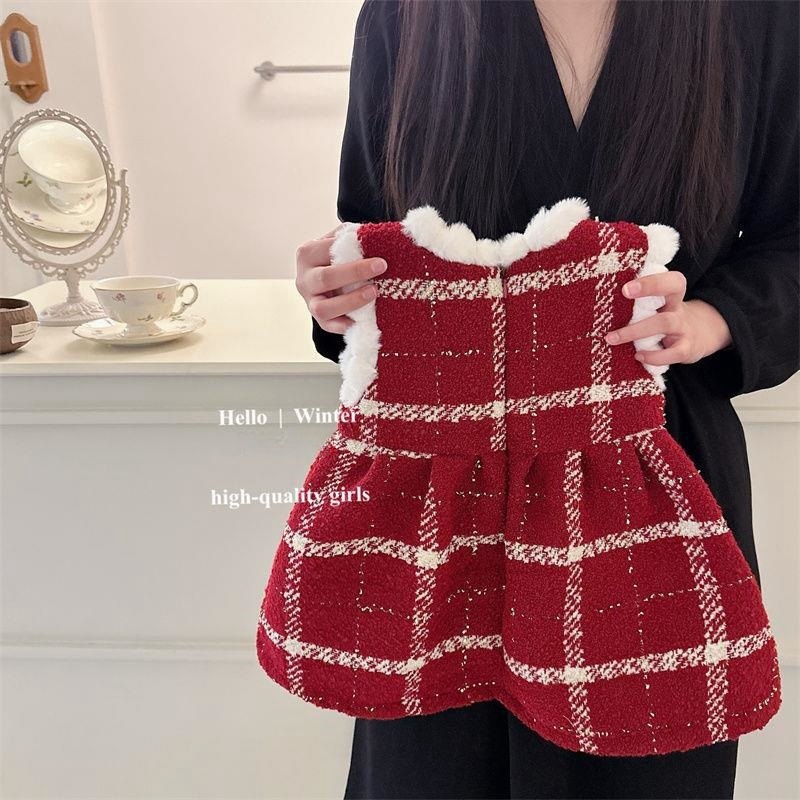 Niñas ropa infantil arco chaleco de alambre dorado vestido de aniversario de otoño invierno 2025 vestido vestido a cuadros rojos blusa