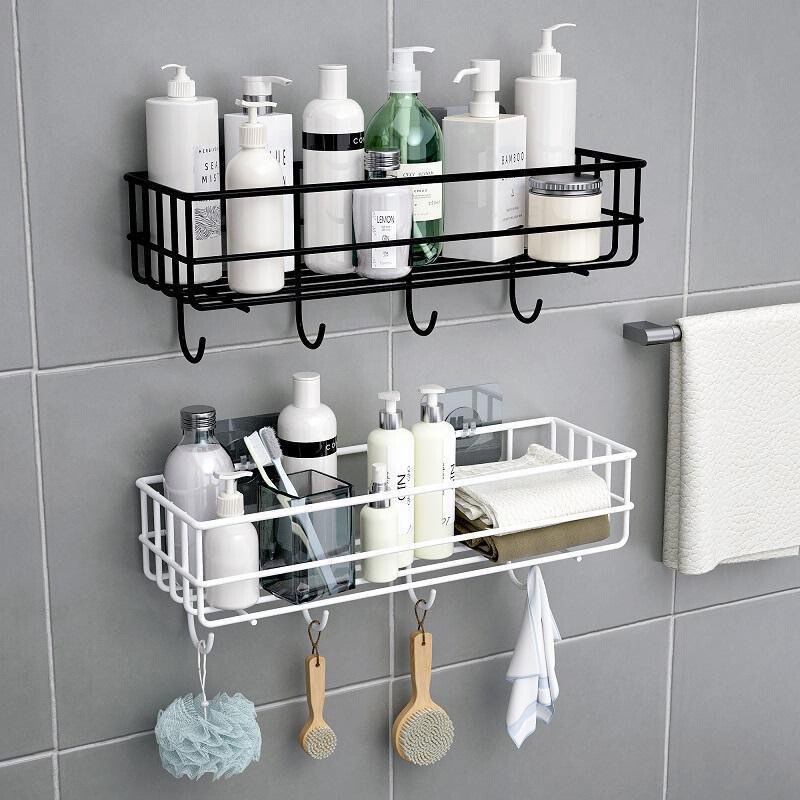 Kitchen Wrought Iron Bathroom Toilet Storage Rack Wall Hanging Shower Gel Storage Rack Black and White Punch-Free Wash Shelf
