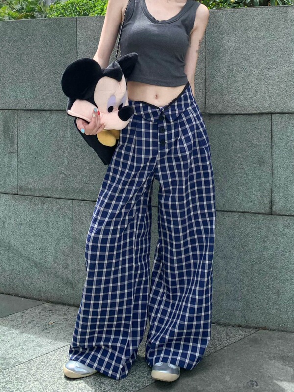 1494 # 女性用ブルーチェック柄カジュアルパンツ、夏のレイジースタイル、ハイウエストワイドレッグストレートパンツ、ウォーキングパンツ、フロアレングスパンツ|undefined