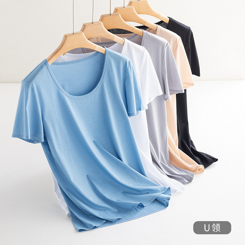 22 summer new linen silk short sleeve mercerized cotton micro transparent loose simple large neckline U neck round neck solid color T-shirt women