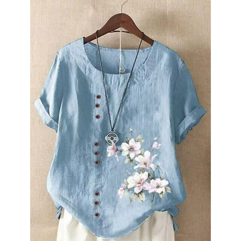Распродажа женской одежды: хлопчатобумажные и льняные топы с принтом со скидкой, летние свободные льняные футболки и рубашки больших размеров с короткими рукавами.