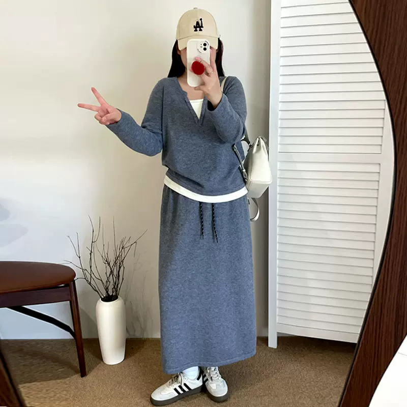 大码女装休闲针织套装2025冬款胖mm假两件上衣女半裙两件套23115