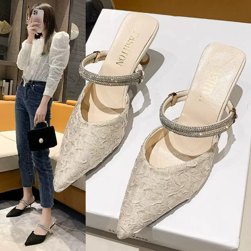 法式少女高跟鞋女夏两穿包头半拖鞋外穿凉拖尖头名媛气质细跟拖鞋