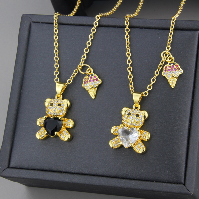 New diamond bear pendant Korean cute teddy bear ice cream combination copper necklace wholesale