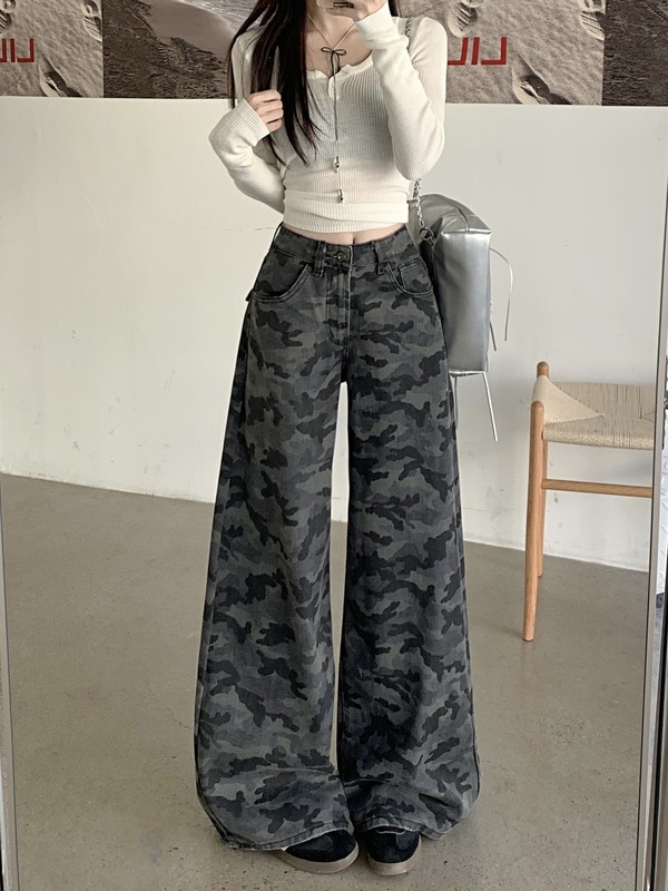 美式复古迷彩裤牛仔裤阔腿裤女秋季高腰小众宽松休闲拖地裤直筒裤|undefined