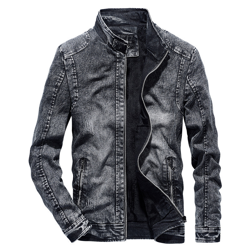 Denim men's new standing collar cotton slim fit casual trend Korean version solid color youth denim jacket_ipsvogv.com