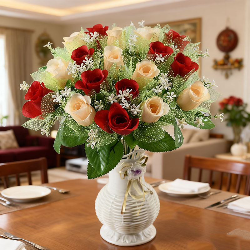Ramo de Rosas Artificiales con Tul de 18 Cabezas de Tela de Seda Decorativo