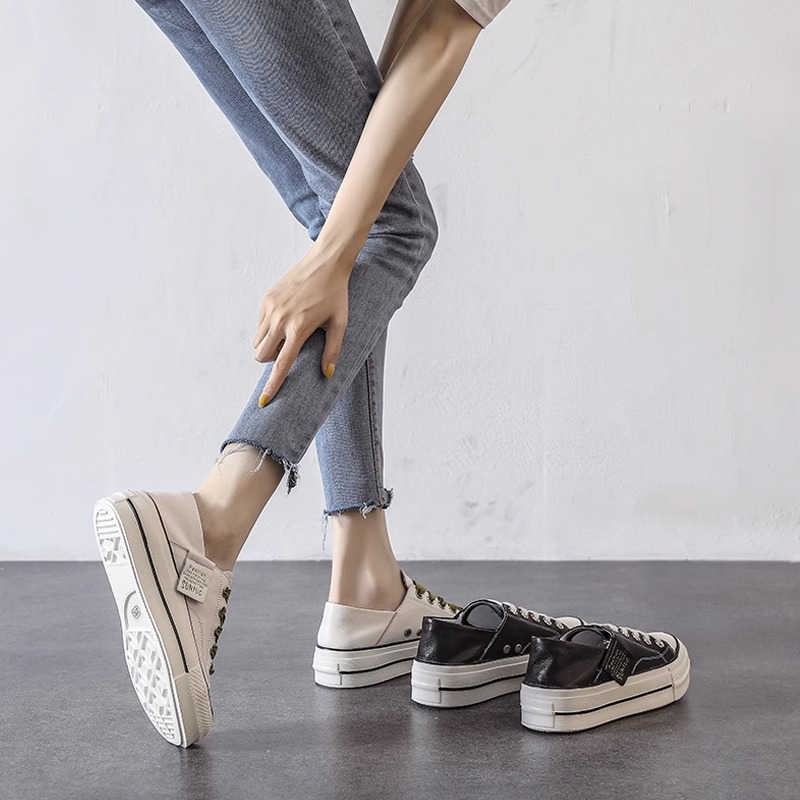 Genuine Leather Two-Way White Sneakers for Women, 2025 Spring and Autumn New Style Canvas Shoes, Flat Street Style Versatile Breathable Sneakers